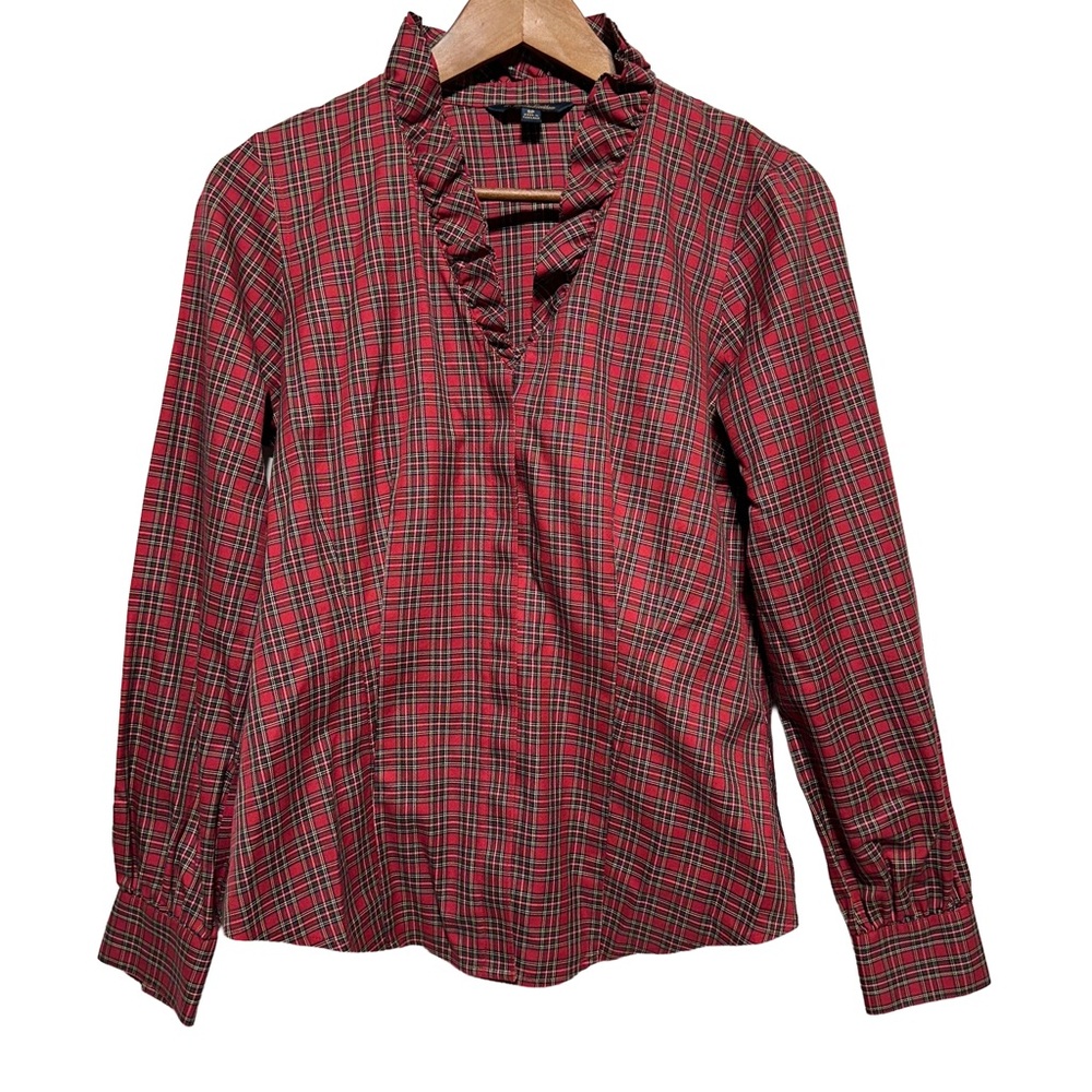 BROOKS BROTHERS Ruffle Tartan Blouse Quiet Luxury Old Money Equestrian - Picture 2 of 7
